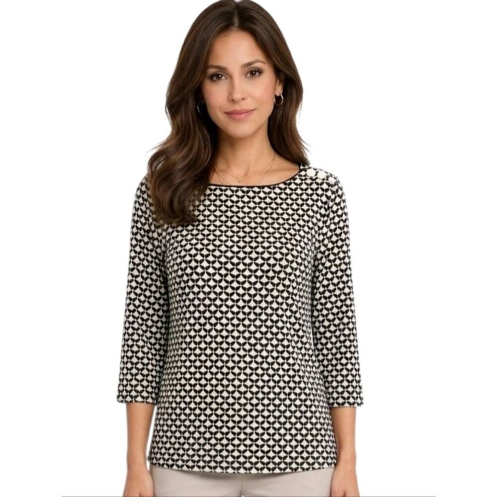 Croft&Barrow Ivory & Black Patterned Bateau Neck Button Detail 3/4 Sleeve Top LP